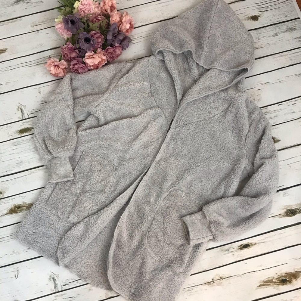 Plush Gray Fleece Hooded Cardigan with Pockets - Picture 4 of 11